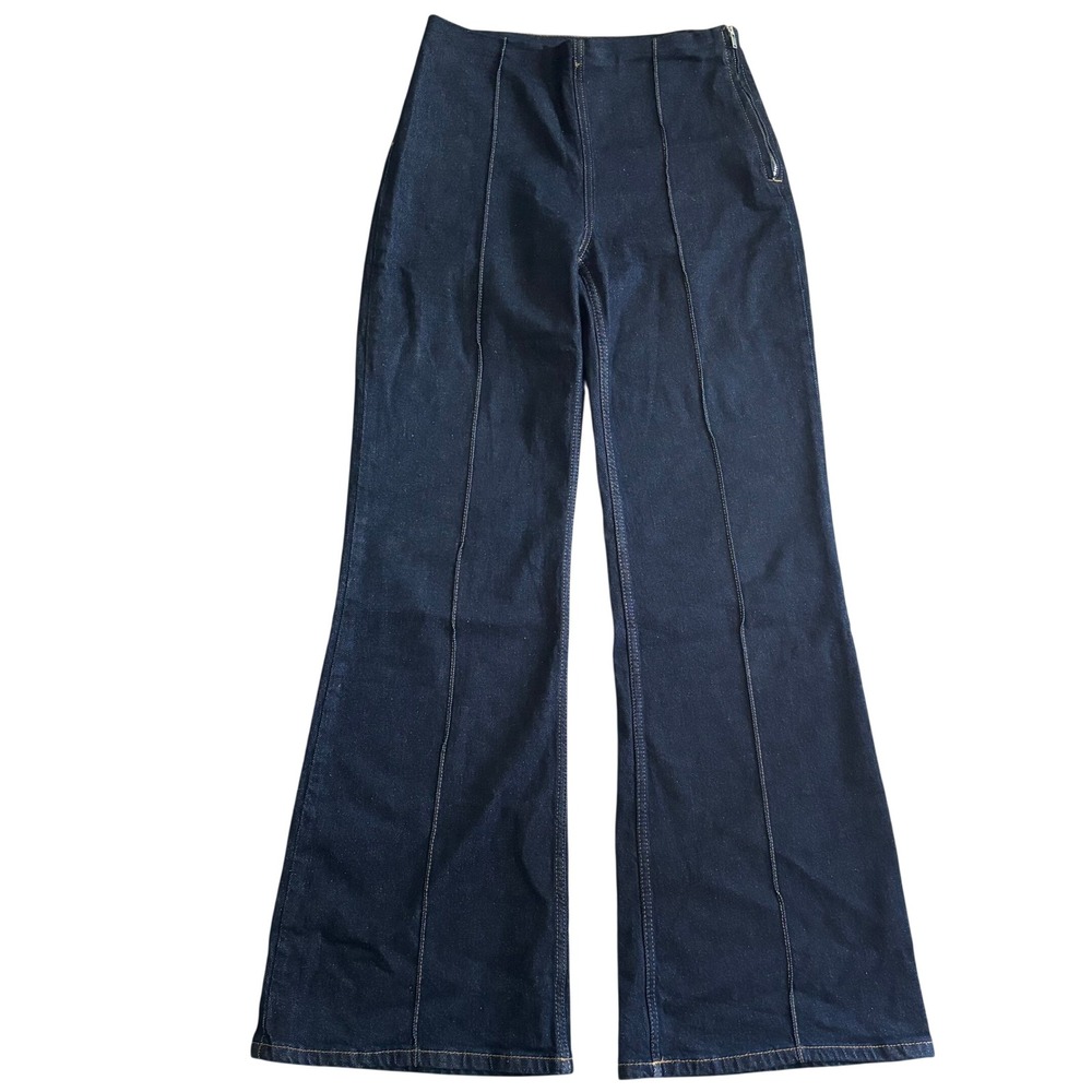 Zara Side Zip Flare Denim‎ Trousers Size 8 Seamed Front Dark Wash